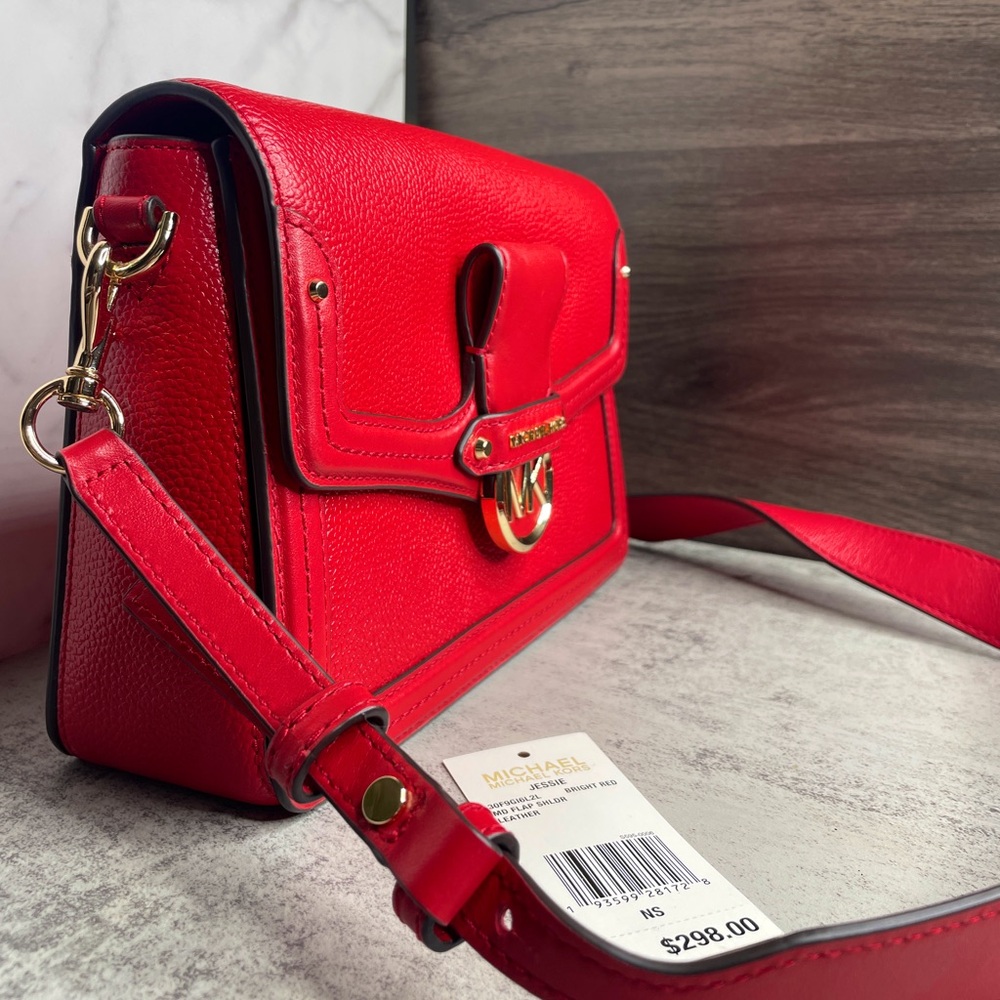 Michael Kors Bright Red Jessie Pebbled Leather Shoulder Bag